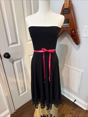 White House Black Market Strapless Black Dress with Pink Satin Waist Tie